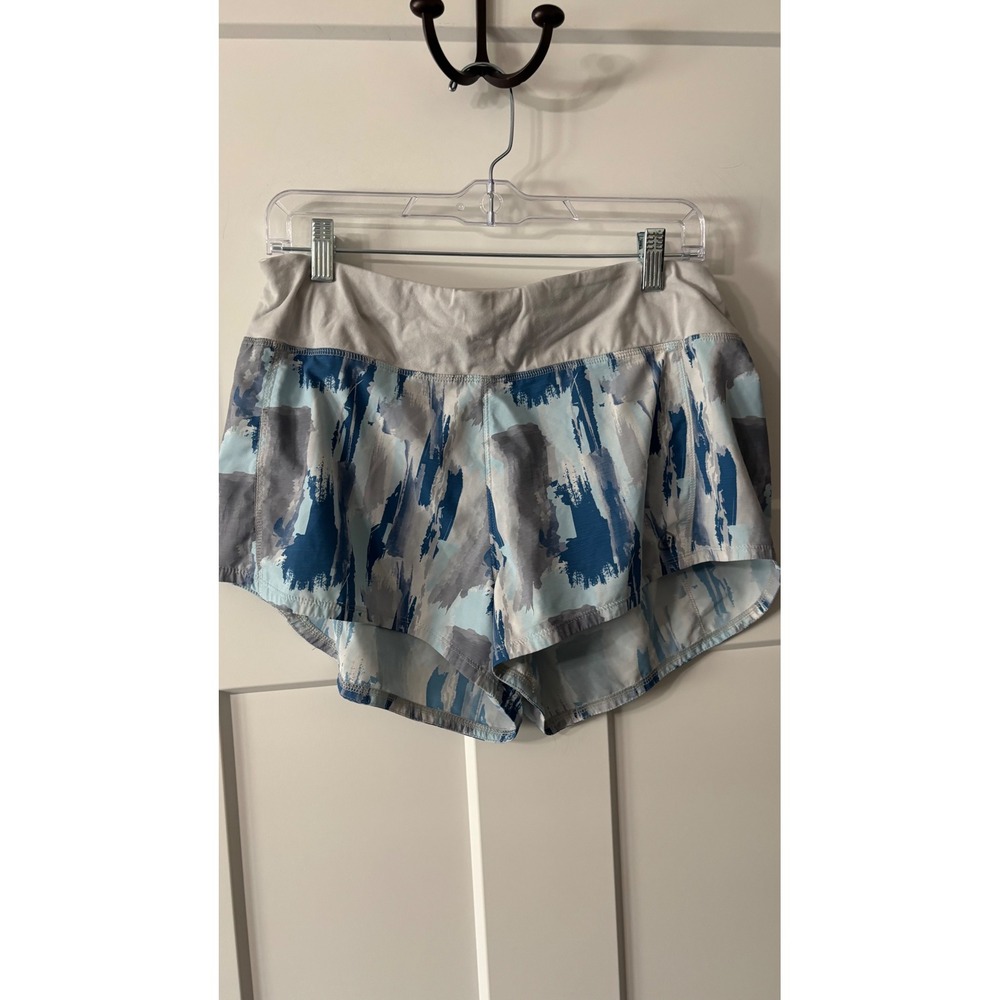 Tasc Performance Women Blue Grey Abstract Print Running‎ Shorts Size L Pocket